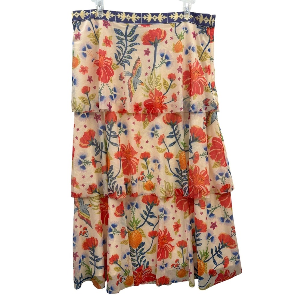 Farm Rio Tropical Floral Bird Print Tiered Midi Skirt Colorful Resort Boho L